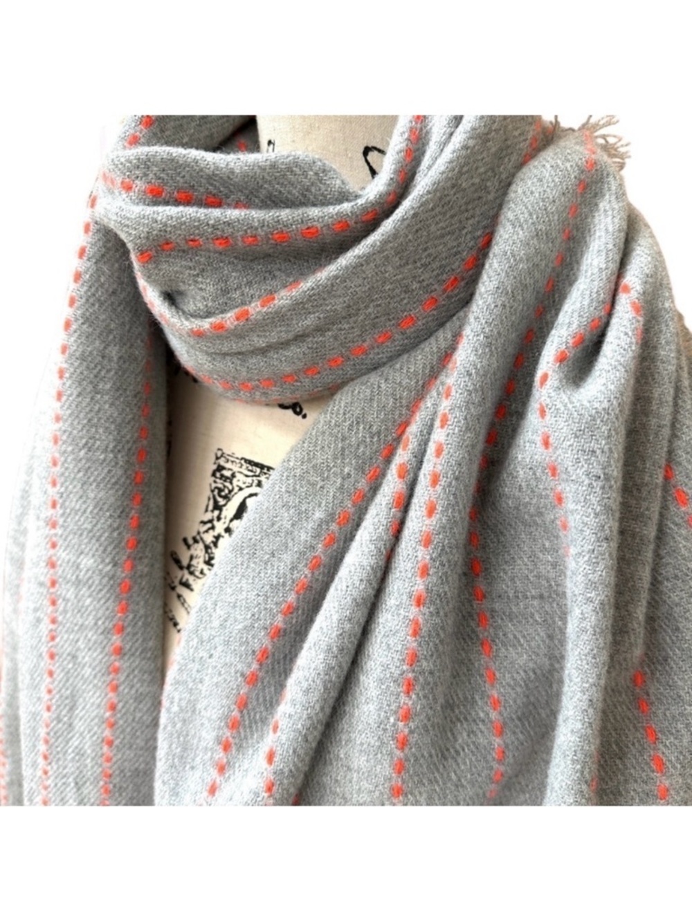 Gray Scarf with Coral Stitch Stripes | Soft Lightweight Fringe Wrap Shawl NWT - Picture 4 of 9